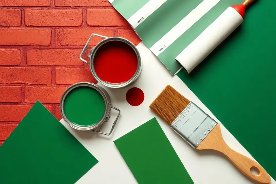Pots de peinture, nuancier, brosses et rouleaux disposés à plat