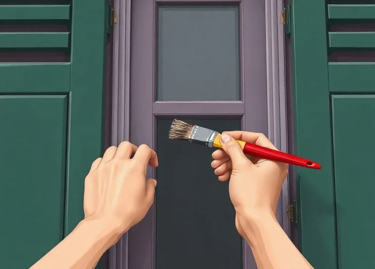 Mise en peinture au pinceau de volets et d'encadrements en bois