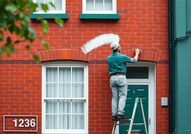 Peintre sur échafaudage traitant la façade d'une maison